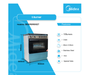 MIDEA 5 BURNER GAS COOKER WITH OVEN(30AMG5G027-SILVER) 80CM*60CM-INOX-GRILL