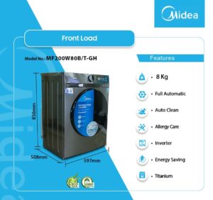 MIDEA COMBO FRONT LOAD [MF200D80B/T-GH 8KG/6KG FULLY AUTOMATIC-AUTO CLEAN-STEAM CCARE-ALLERGY CARE-INVERTER-TITANIUM-COMBO