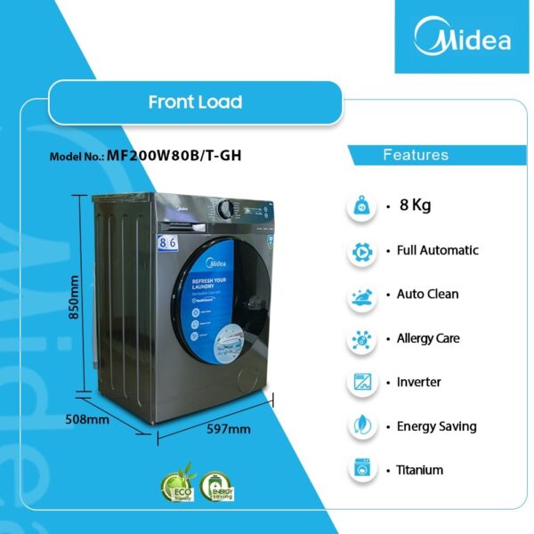 MIDEA COMBO FRONT LOAD [MF200D80B/T-GH 8KG/6KG FULLY AUTOMATIC-AUTO CLEAN-STEAM CCARE-ALLERGY CARE-INVERTER-TITANIUM-COMBO