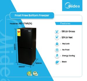 MIDEA 135LTR DOUBLE DOOR BOTTOM FREEZER HD-176R(N)