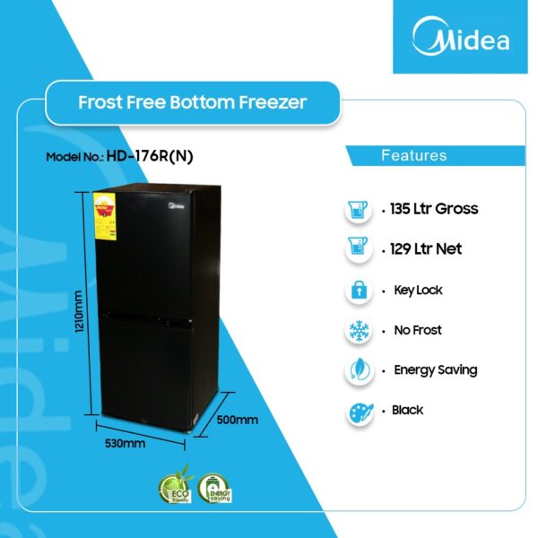 MIDEA 135LTR DOUBLE DOOR BOTTOM FREEZER HD-176R(N)