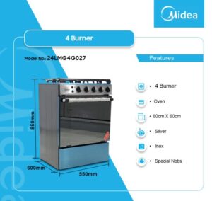 MIDEA 4 BURNER GAS COOKER SILVER [24LMG4G027] 60CM*60CM-INOX-SPECIAL NOBS-GRILL