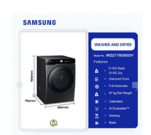 SAMSUNG 21KG WASHER & 12KG DRYER WASHING MACHINE WD21T6300GV - Image 5