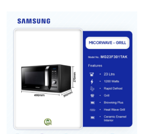 SAMSUNG 23LTR GRILL MICROWAVE MG23F301TAK MG23F301TAK