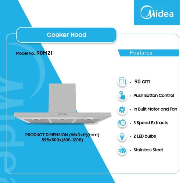 MIDEA 90cm T-SHAPE RANGEHOOD 90M21  ▪ STAINLESS STEEL  ▪ PUSH BUTTON CONTROL  ▪   IN BUILT MOTOR & FAN  ▪ 3 SPEED EXTRACTS