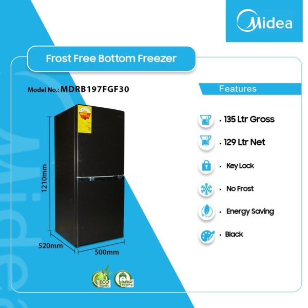MIDEA 135LTR DOUBLE DOOR BOTTOM FREEZER MDRB197FGF30  2STAR