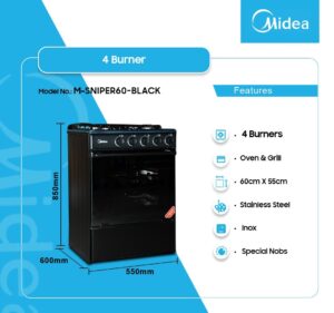 MIDEA 4 BURNER GAS COOKER M-SNIPER60-BLACK 60CM*55CM-STAINLESS STEEL-SILVER FINISH-BLACK OVEN/GRILL