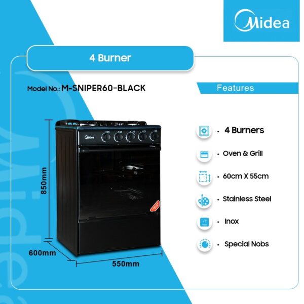 MIDEA 4 BURNER GAS COOKER M-SNIPER60-BLACK 60CM*55CM-STAINLESS STEEL-SILVER FINISH-BLACK OVEN/GRILL