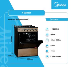 MIDEA 4 BURNER GAS COOKER WITH OVEN/GRILL [BMG6060-WD] 60CM*CM60