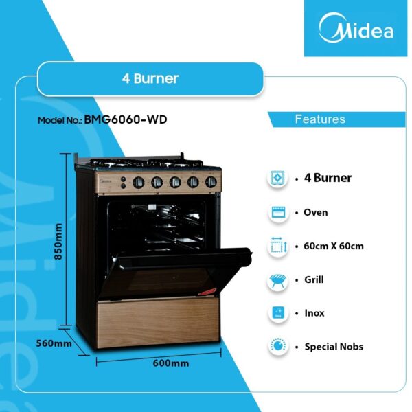 MIDEA 4 BURNER GAS COOKER WITH OVEN/GRILL [BMG6060-WD] 60CM*CM60