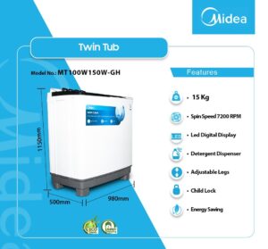 MIDEA 15KG TWIN TUB WASHING MACHINE MT100W150/W-GH - Image 2