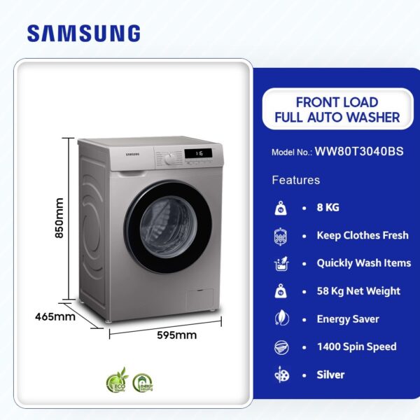 SAMSUNG 8KG FRONT LOAD FULL AUTO WASHER WASHING MACHINE WW80T3040BS/NQ
