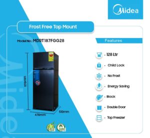 MIDEA 128LTR DOUBLE DOOR TOP MOUNT FRIDGE MDRT187FGG28