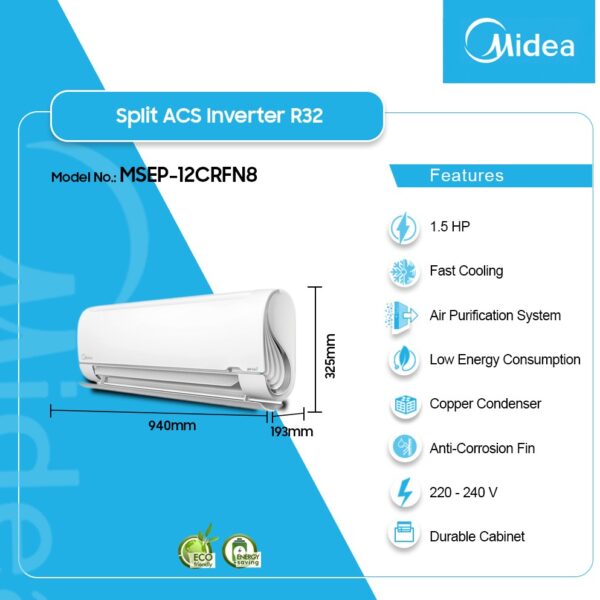 MIDEA 1.5HP SPLIT AC R32 INVERTER MSEP 5 STARS MSEP-12CRFN8