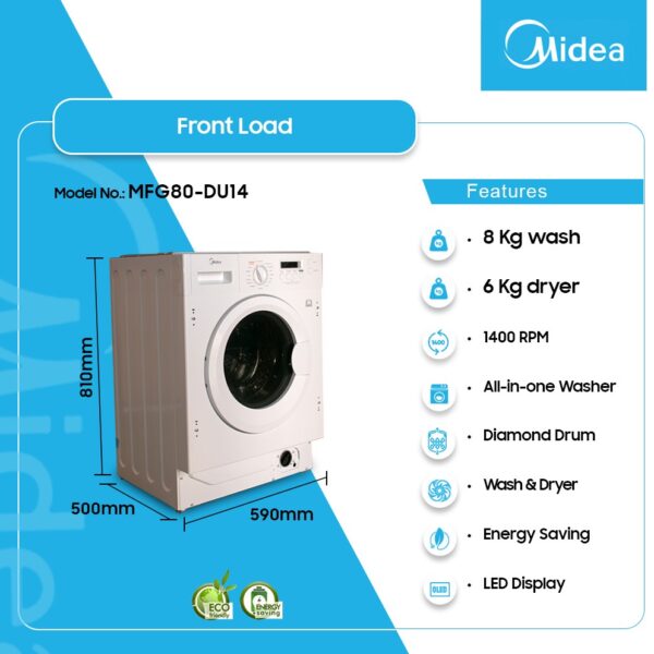 MIDEA 8KG WASH & 6KG DRY FRONT LOAD BUILT-IN WASHING MACHINE MFG80-DU1410B/C20E-EU(A)