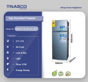 NASCO 217LTR DOUBLE DOOR TOP MOUNT REFRIGERATOR NASF2-28SK-SILVER 3 STARS