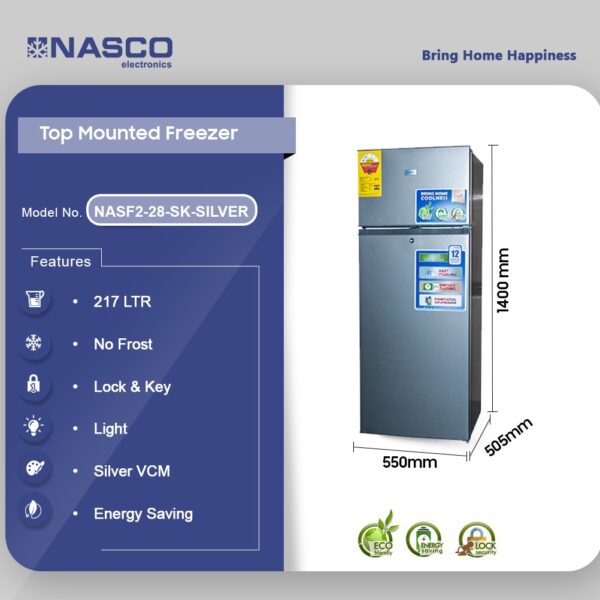 NASCO 217LTR DOUBLE DOOR TOP MOUNT REFRIGERATOR NASF2-28SK-SILVER 3 STARS