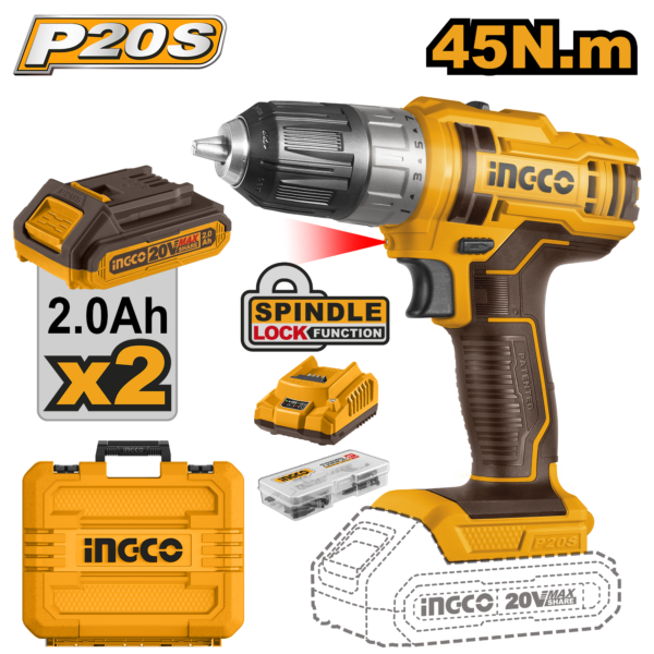 Ingco Lithium-Ion cordless drill 20V 45Nm + 2 Battery – C5  CDLI200528