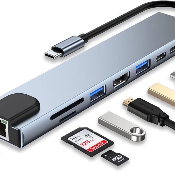 USB C HUB, 8 in 1 USB C Adapter with 4K HDMI, 100W PD, USB C Port, USB 3.0, RJ45 Ethernet, SD/TF Card Reader, Docking Station Compatible with MacBook...