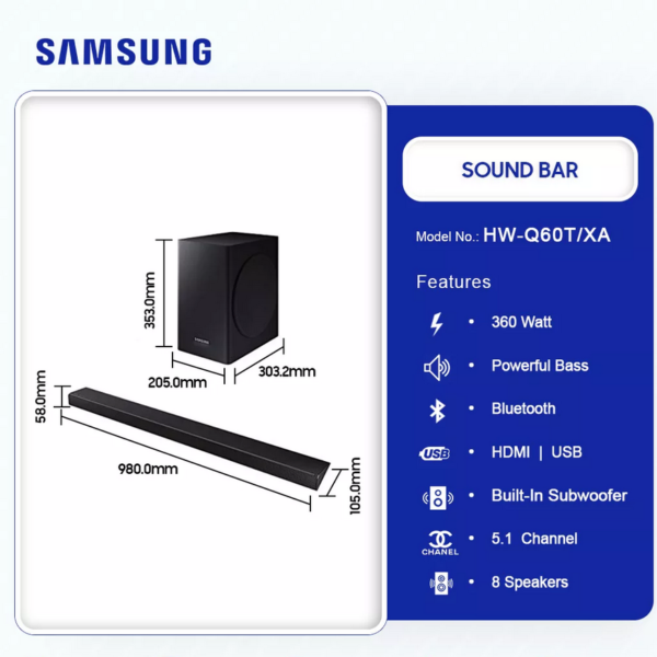SAMSUNG-5.1-CHANNEL-360WATT-SOUNDBAR-HW-Q60T/XA