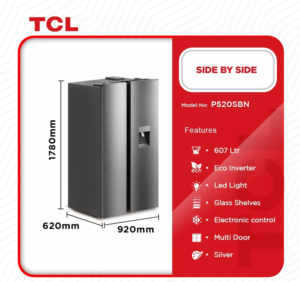 TCL-SIDE-BY-SIDE REFRIGERATOR-607LTRS-P520SBN - Image 2