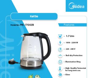 MIDEA  ELECTRIC KETTLE TRANSPARENT GLASS 1.7LTR MK-17G02B - Image 2