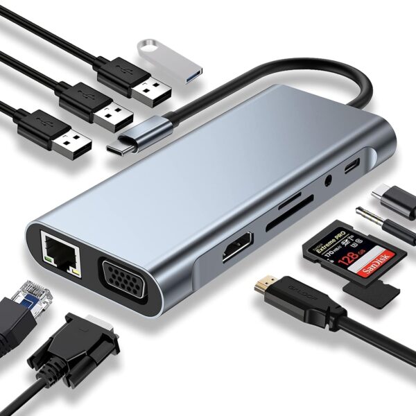 DOCK - TYPE C HUB ( TYPE C TO HDMI, USB, RJ45, CARD READER + VGA ) 11 PORTS. MIICAM 11 IN 1