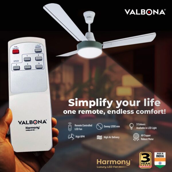 VALBONA HARMONY CEILING FAN WITH LED LIGHT AND REMOTE CONTROLLED